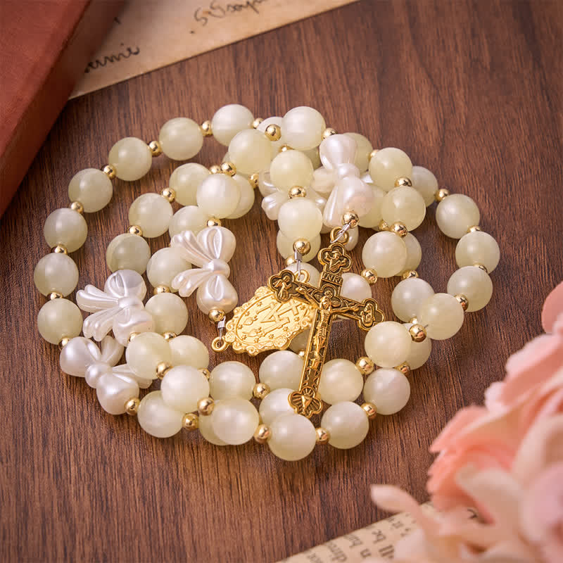 Christianartworkshop Pale Green Cat's Eye Resin Bow Rosary With Gilded Cross: Emblem of Soft Heavenly Grace - image 3