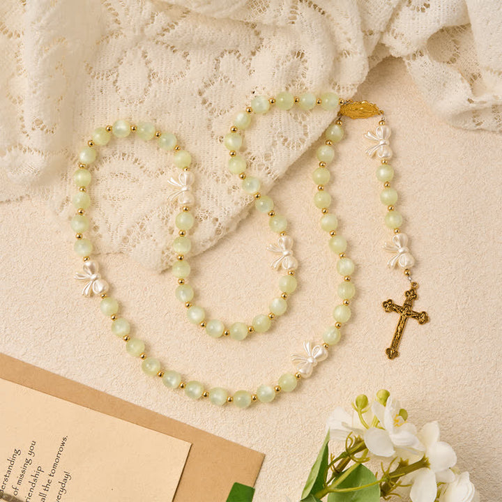 Christianartworkshop Pale Green Cat's Eye Resin Bow Rosary With Gilded Cross: Emblem of Soft Heavenly Grace - image 5