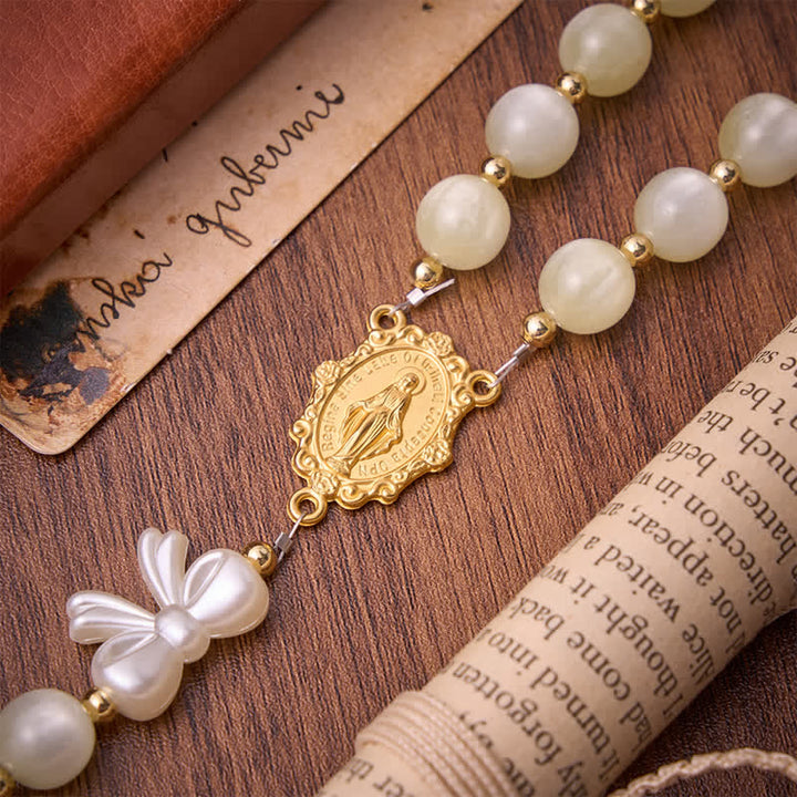 Christianartworkshop Pale Green Cat's Eye Resin Bow Rosary With Gilded Cross: Emblem of Soft Heavenly Grace - image 7