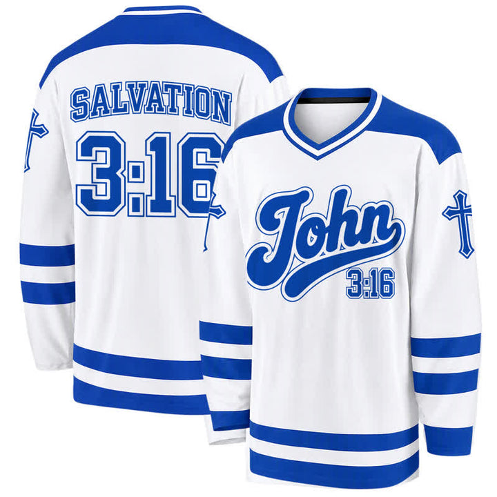 Christianartworkshop John 3:16 Salvation Royal Blue Long Sleeve Hockey Jersey - 5XL - image 0