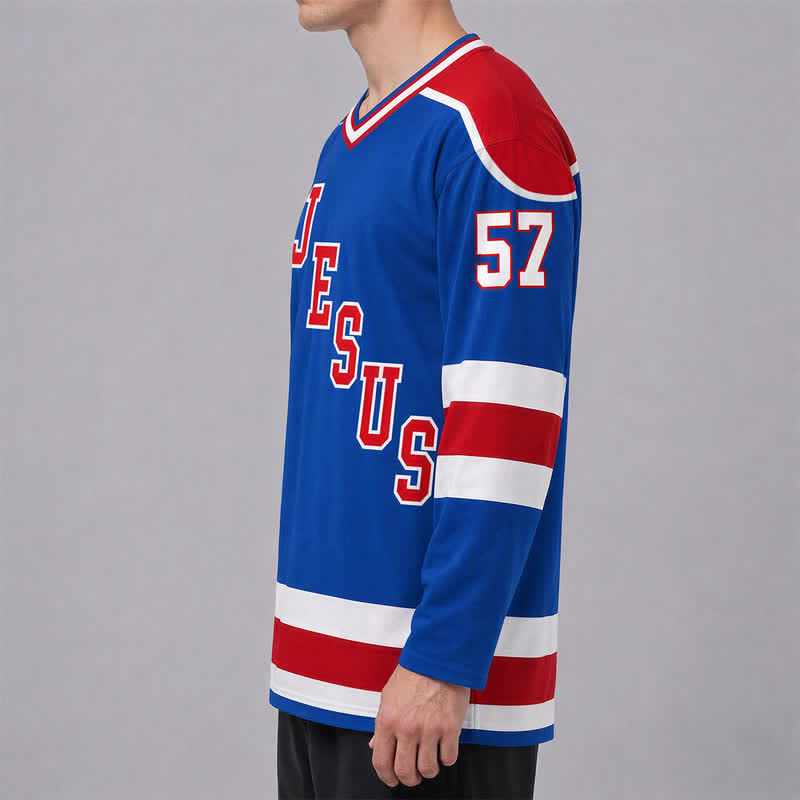Christianartworkshop Jesus Faith 57 Blue Stripe Long Sleeve Hockey Jersey - image 5