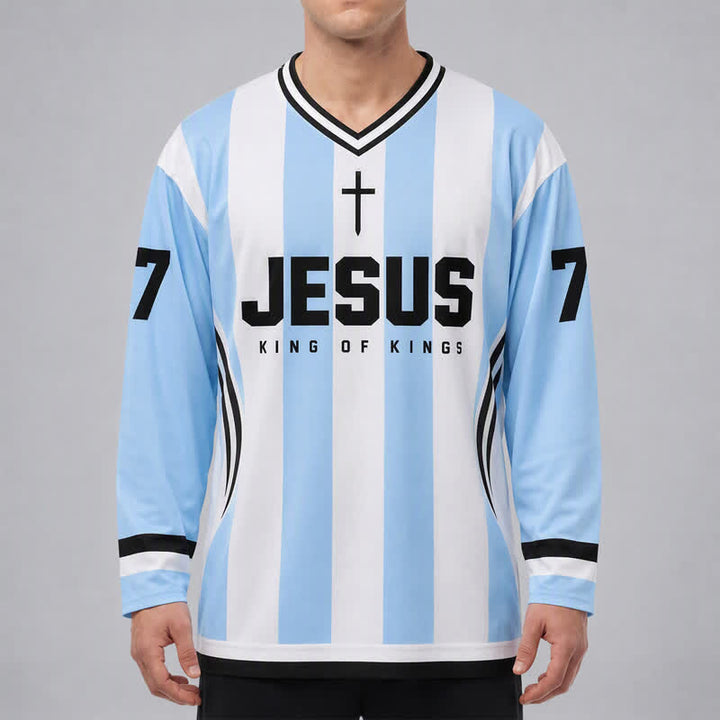 Christianartworkshop Jesus King Of Kings Striped Long Sleeve Hockey Jersey - image 3