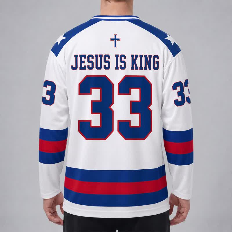 Christianartworkshop Jesus Is King 33 Varsity Long Sleeve Hockey Jersey - image 4