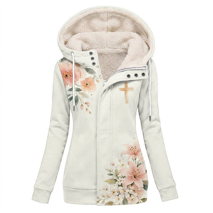 Christianartworkshop Floral Cross Hooded Jacket Winter Fleece Coat - US16,UK/AU20,EU48(4XL) - image 0