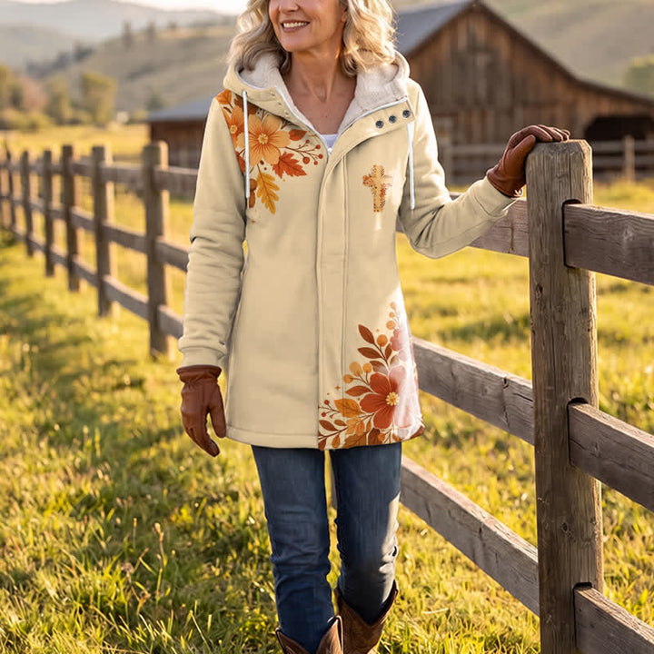 Christianartworkshop Cream Autumn Floral Fleece Hooded Winter Warmth Coat - image 2