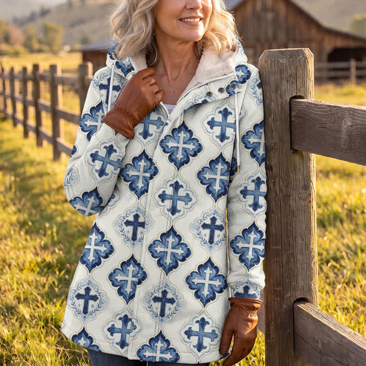 Christianartworkshop Blue-Toned Tile-Styled Cross Hooded Fleece Winter Jacket Coat - image 3