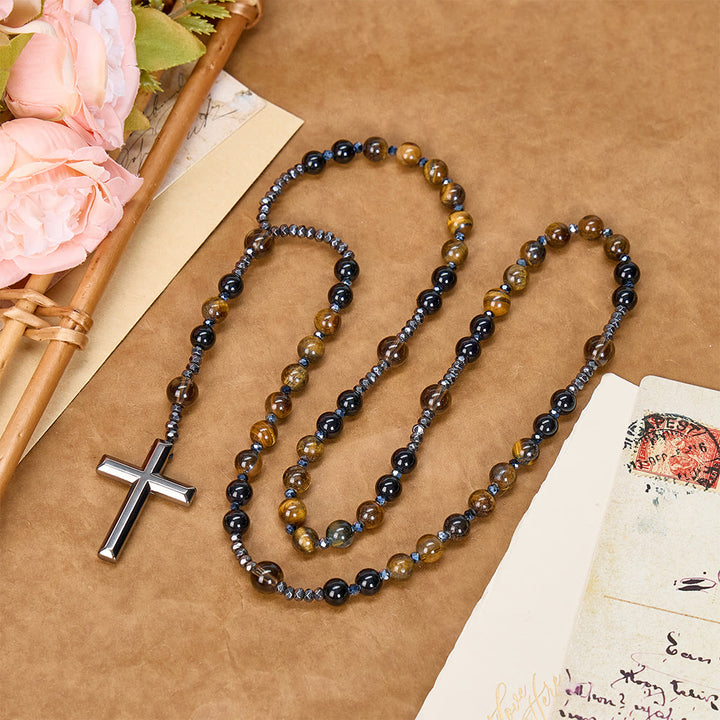 Christianartworkshop Natural Obsidian Tiger's Eye Rosary Necklace - Hematite Stone Cross Protection Rosary - Natural Obsidian Tiger's Eye Rosary Necklace - image 0