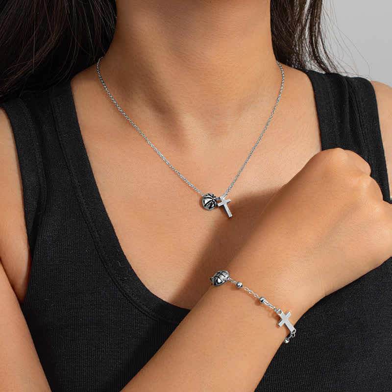 Christianartworkshop Dainty Oil‑Drop Bead Cross Jewelry: Token of Heavenly Shelter for Ball Sport Enthusiasts - Silver(With Card) - Basketball B - image 10