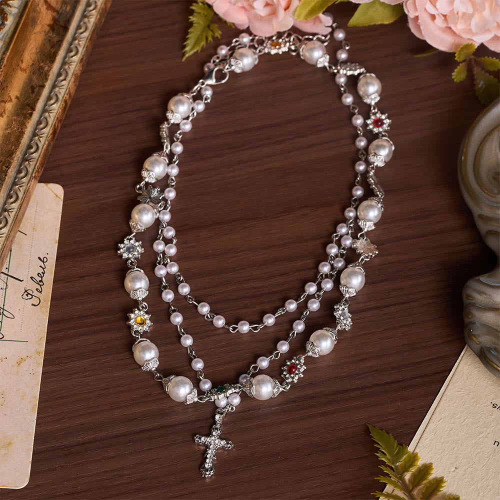 Christianartworkshop Tiered Faux Pearl Cross Chain: Token of Gentle Divine Protection - Silver - image 5