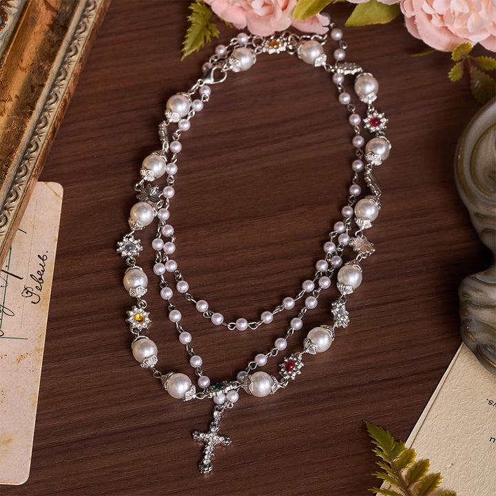 Christianartworkshop Tiered Faux Pearl Cross Chain: Token of Gentle Divine Protection - Silver - image 5