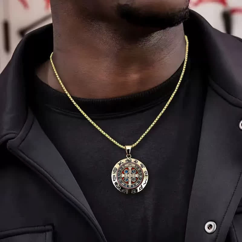 Christianartworkshop Detailed St. Benedict Round Medallion Necklace: Sign of Gentle Sacred Shelter - image 1