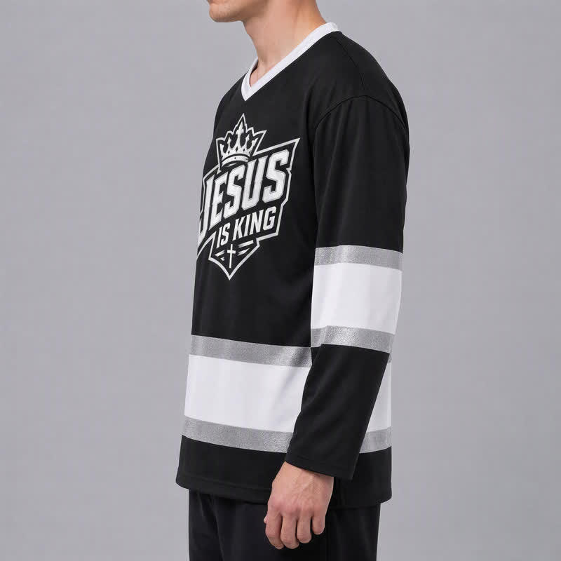 Christianartworkshop Jesus Is King Black Streetwear Hockey Jersey - image 5