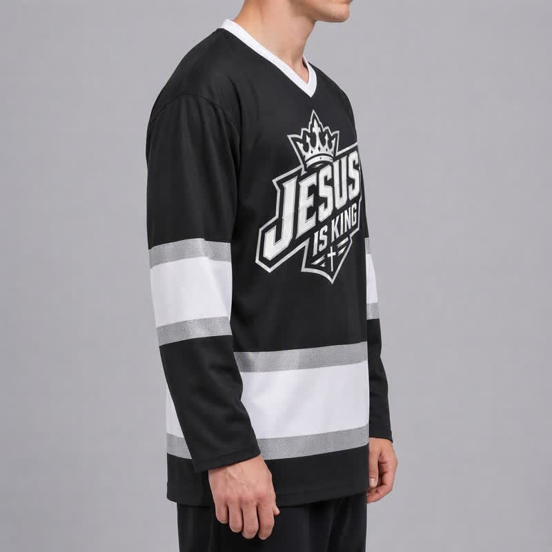 Christianartworkshop Jesus Is King Black Streetwear Hockey Jersey - image 6