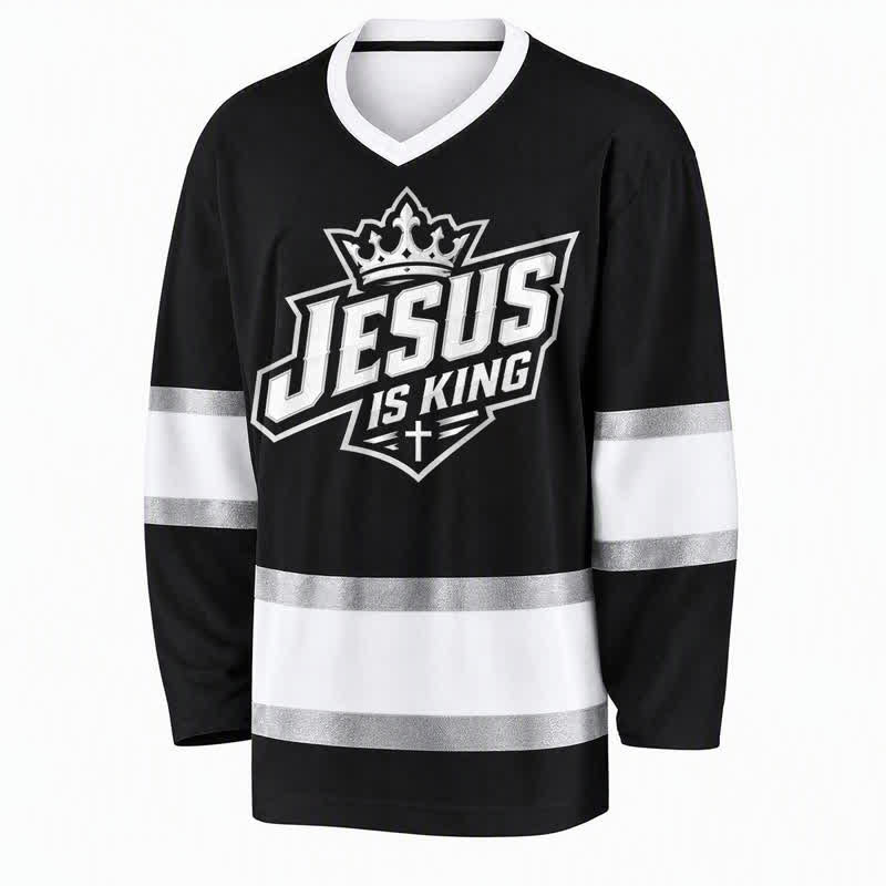 Christianartworkshop Jesus Is King Black Streetwear Hockey Jersey - image 1