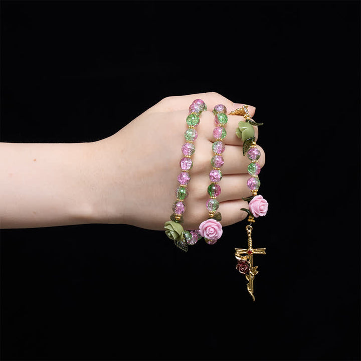 Christianartworkshop Pink & Green Crackle Faceted Glass Bead Rose Floral Our Lady Cross Rosary - image 1