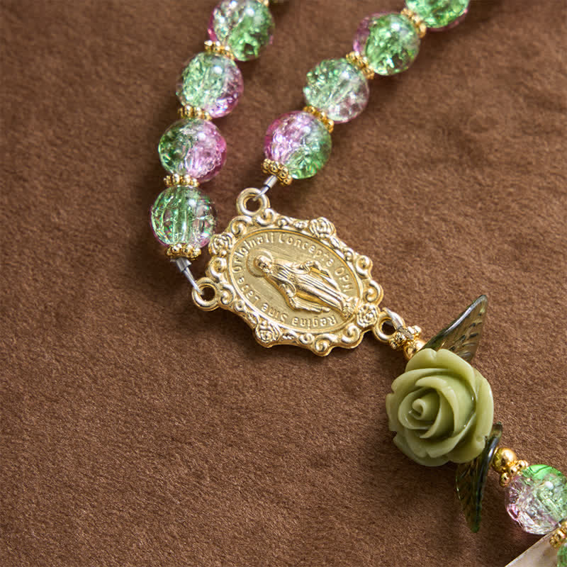 Christianartworkshop Pink & Green Crackle Faceted Glass Bead Rose Floral Our Lady Cross Rosary - image 6