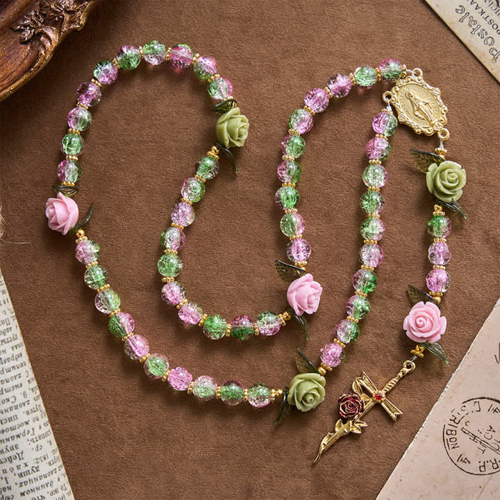 Christianartworkshop Pink & Green Crackle Faceted Glass Bead Rose Floral Our Lady Cross Rosary - image 3