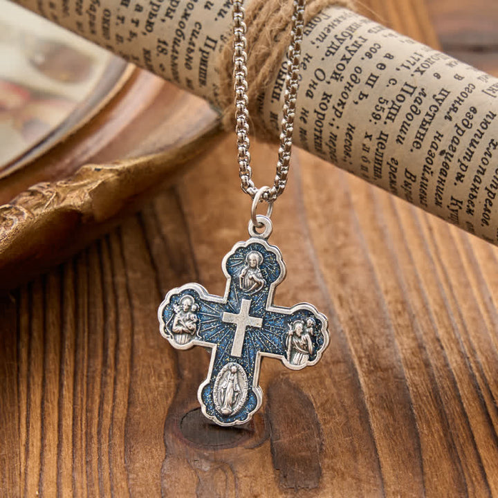 Christianartworkshop Four Sacred Portrait Cross Box‑Chain Necklace: Token Of Gentle Celestial Safeguard - Blue - image 3
