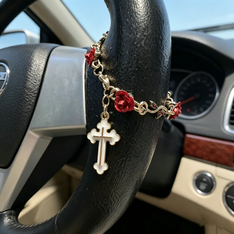 Christianartworkshop Dainty Rose‑Link Our Lady Cross Car Pendant: Carrier of Soft Divine Care On The Road - Cross - image 2