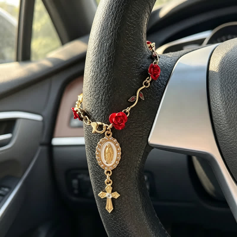 Christianartworkshop Dainty Rose‑Link Our Lady Cross Car Pendant: Carrier of Soft Divine Care On The Road - Our Lady & Cross C - image 3