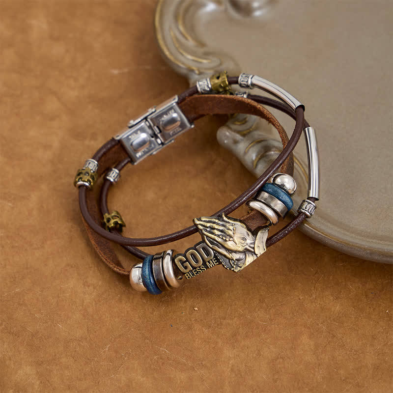 Christianartworkshop God Bless Me Engraved Leather Prayer Bracelet: Token of Abiding Celestial Favor - image 2