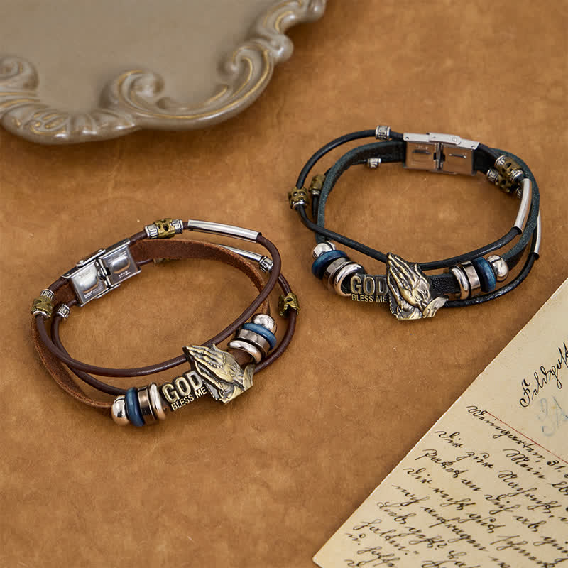 Christianartworkshop God Bless Me Engraved Leather Prayer Bracelet: Token of Abiding Celestial Favor - image 1