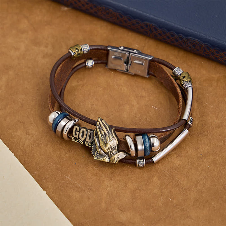 Christianartworkshop God Bless Me Engraved Leather Prayer Bracelet: Token of Abiding Celestial Favor - Brown - image 0