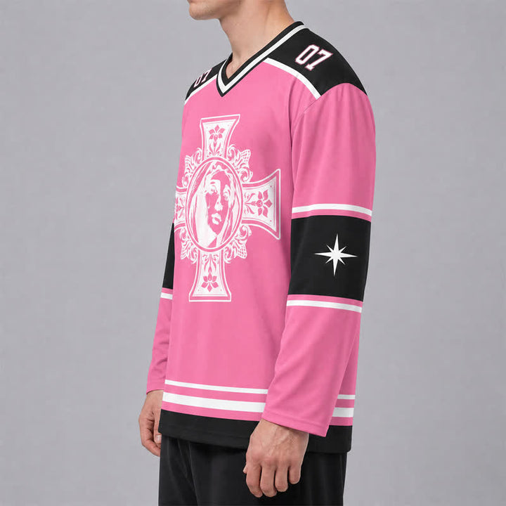 Christianartworkshop God Bless You Pink Cross Long Sleeve Hockey Jersey - image 6
