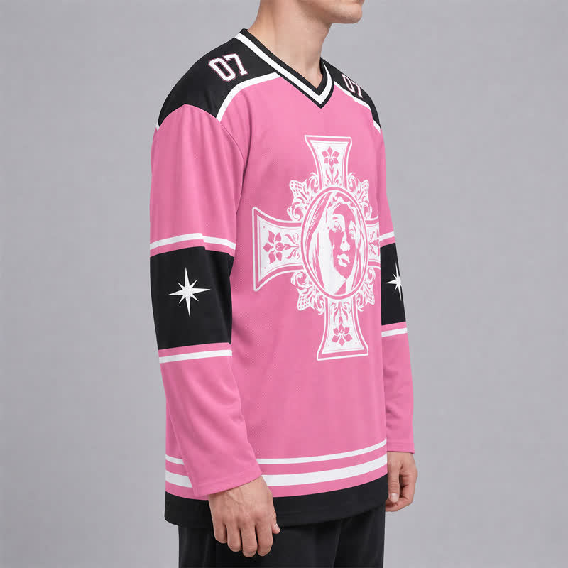 Christianartworkshop God Bless You Pink Cross Long Sleeve Hockey Jersey - image 5