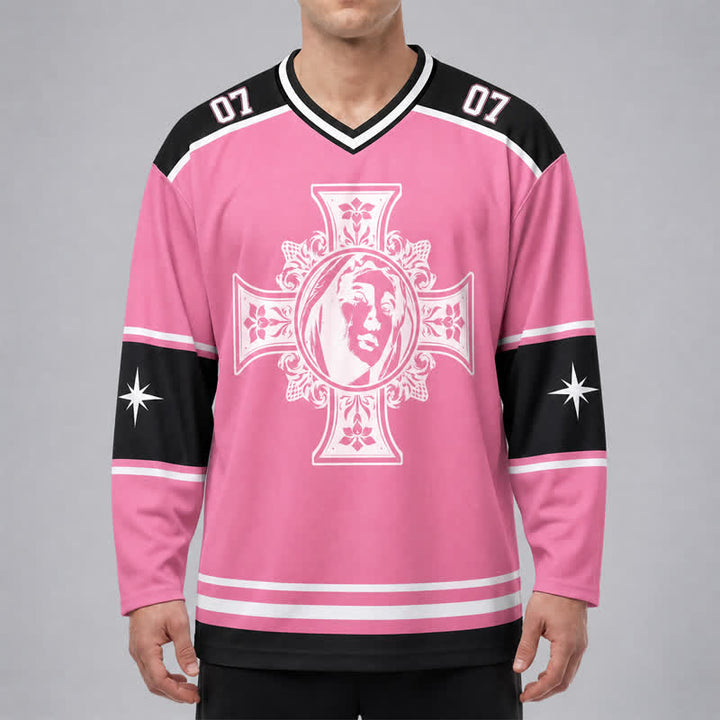 Christianartworkshop God Bless You Pink Cross Long Sleeve Hockey Jersey - image 3