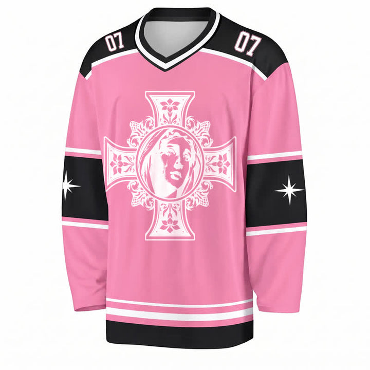 Christianartworkshop God Bless You Pink Cross Long Sleeve Hockey Jersey - image 1
