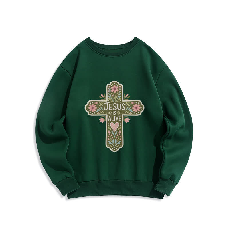 Christianartworkshop Jesus Is Alive Floral Cross Cozy Crewneck Sweatshirt - Green - 2XL - image 0