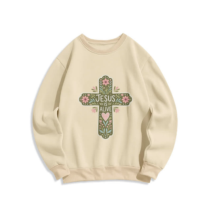 Christianartworkshop Jesus Is Alive Floral Cross Cozy Crewneck Sweatshirt - Beige - 2XL - image 4