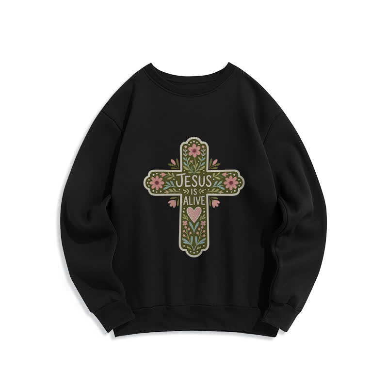 Christianartworkshop Jesus Is Alive Floral Cross Cozy Crewneck Sweatshirt - Black - 2XL - image 3