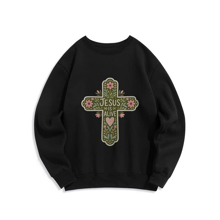 Christianartworkshop Jesus Is Alive Floral Cross Cozy Crewneck Sweatshirt - Black - 2XL - image 3