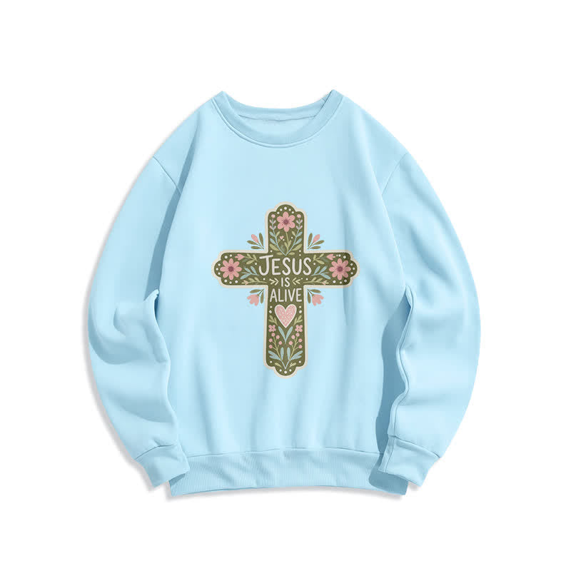 Christianartworkshop Jesus Is Alive Floral Cross Cozy Crewneck Sweatshirt - Blue - 2XL - image 2