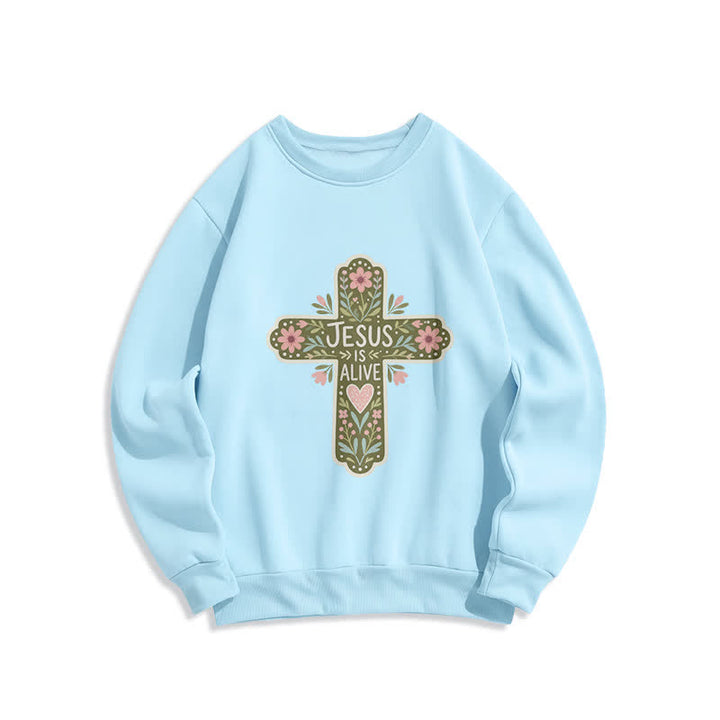 Christianartworkshop Jesus Is Alive Floral Cross Cozy Crewneck Sweatshirt - Blue - 2XL - image 2