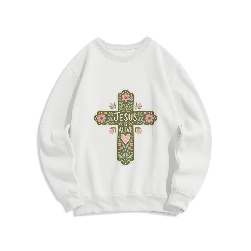 Christianartworkshop Jesus Is Alive Floral Cross Cozy Crewneck Sweatshirt - White - 2XL - image 1