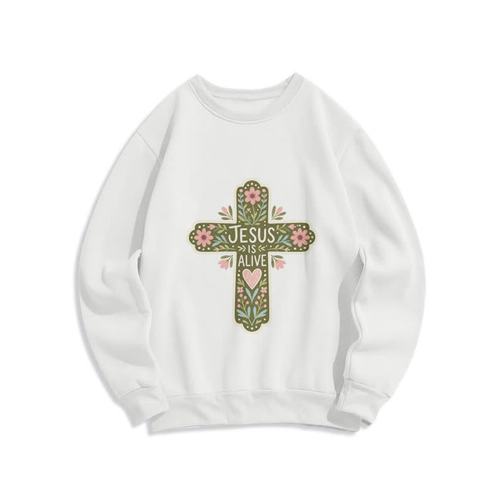 Christianartworkshop Jesus Is Alive Floral Cross Cozy Crewneck Sweatshirt - White - 2XL - image 1