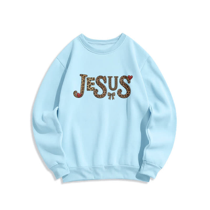 Christianartworkshop Jesus Leopard Heart Bow Crewneck Fleece Sweatshirt - Blue - 2XL - image 5