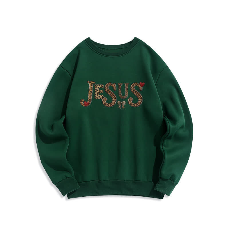 Christianartworkshop Jesus Leopard Heart Bow Crewneck Fleece Sweatshirt - Green - 2XL - image 3