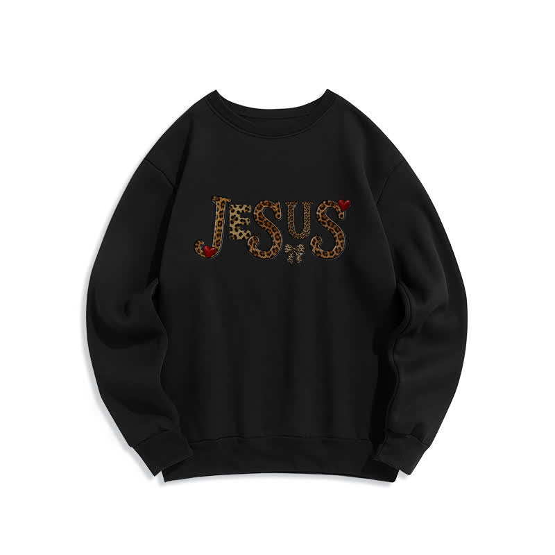 Christianartworkshop Jesus Leopard Heart Bow Crewneck Fleece Sweatshirt - Black - 2XL - image 1