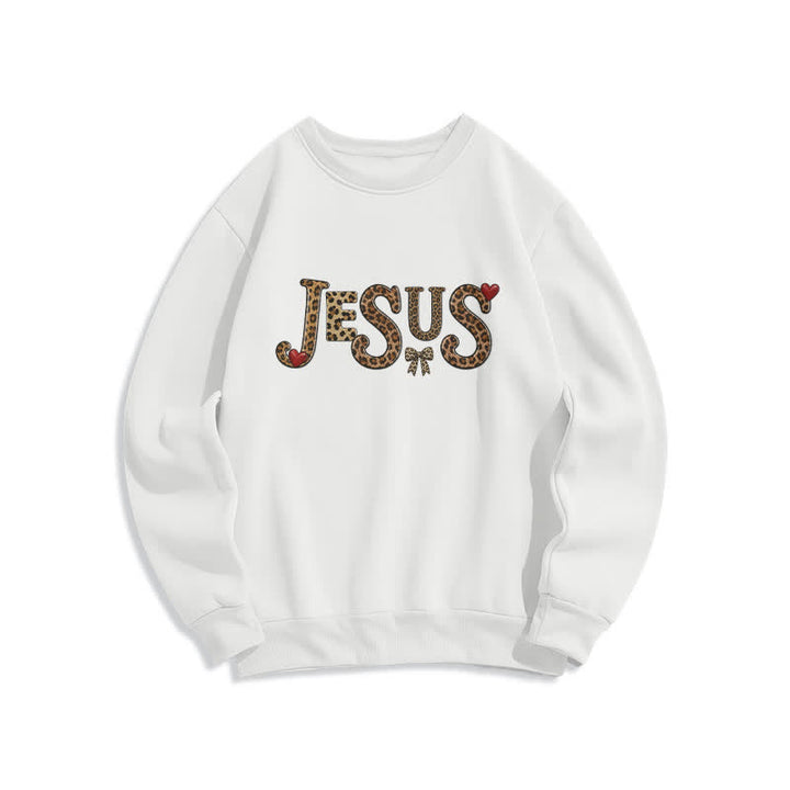 Christianartworkshop Jesus Leopard Heart Bow Crewneck Fleece Sweatshirt - White - 2XL - image 0