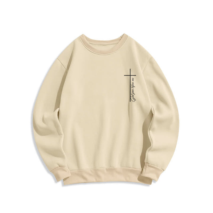 Christianartworkshop Minimal Cross Chest Graphic Fleece Lined Crewneck Sweatshirt - Beige - 2XL - image 2