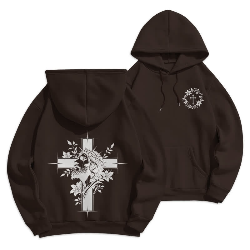 Christianartworkshop Cross Wreath Back Graphic Fleece Lined Pullover Hoodie - Brown - 2XL - image 3