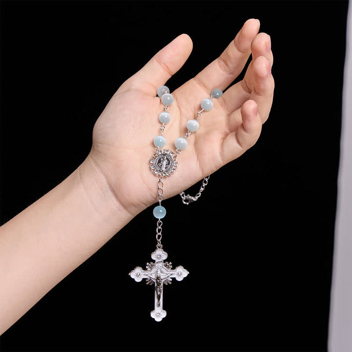Christianartworkshop Airy Pale Blue Cat's Eye Car Rosary with St. Benedict Medal & White Enamel Crucifix - image 1