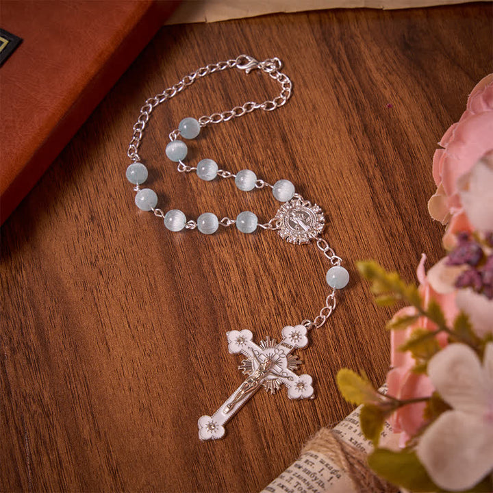 Christianartworkshop Airy Pale Blue Cat's Eye Car Rosary with St. Benedict Medal & White Enamel Crucifix - image 2