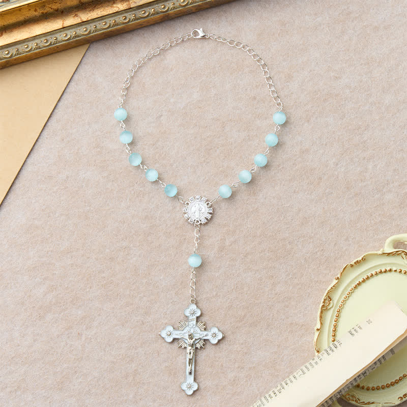 Christianartworkshop Airy Pale Blue Cat's Eye Car Rosary with St. Benedict Medal & White Enamel Crucifix - image 3