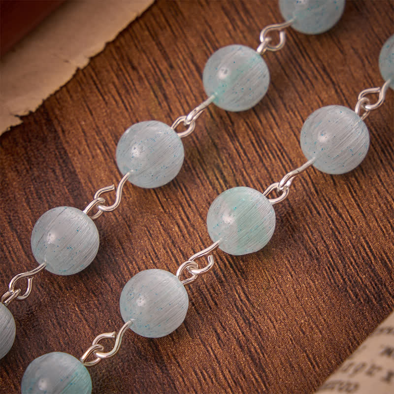 Christianartworkshop Airy Pale Blue Cat's Eye Car Rosary with St. Benedict Medal & White Enamel Crucifix - image 6