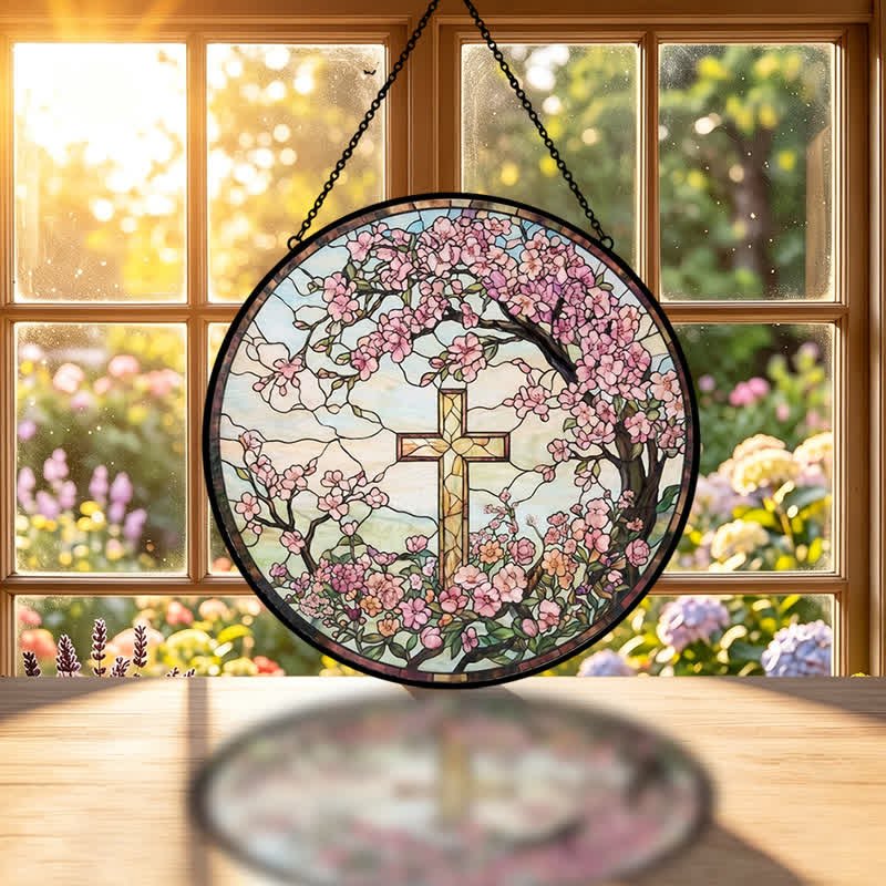 Christianartworkshop Floral Garden Cross Glass Suncatcher: Emblem Of Radiant Heavenly Blessings - image 1